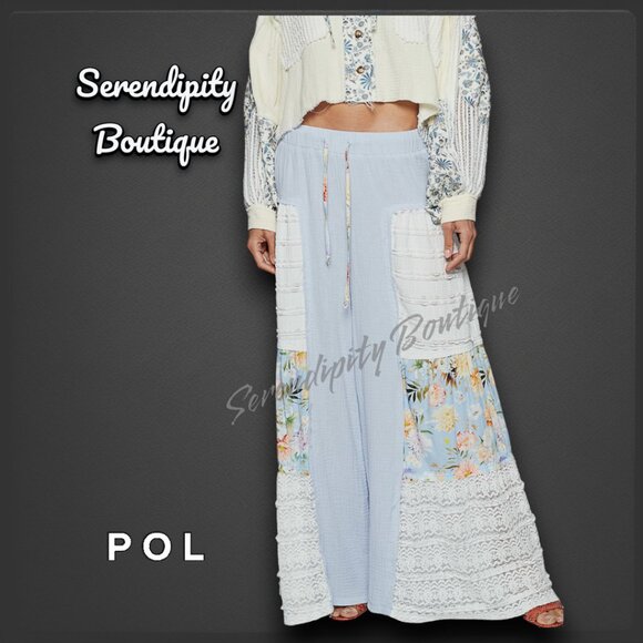 POL Flowy Lace & Double Gauze Floral Patch Palazzo Wide Leg Breezy Pants